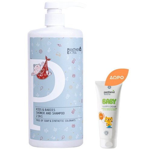 Medisei Комплект Panthenol Extra Kids & Babies 2in1 Shower & Shampoo Cleanser 1L & Подарък Baby Nappy Cream 30ml