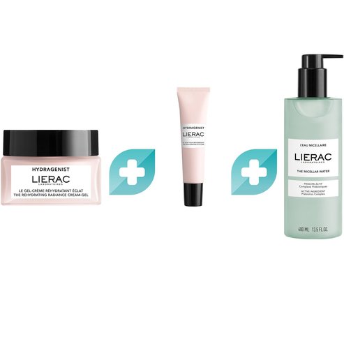 Lierac Комплект Hydragenist The Rehydrating Radiance Cream-Gel 50ml & Eye Care 15ml & Micellar Water Prebiotics Complex Cleanser 400ml