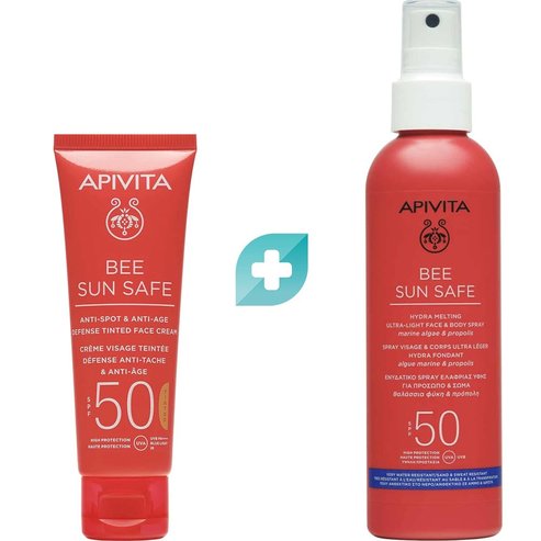 Apivita комплект Bee Sun Safe Anti-Spot & Anti-Age Defence Face Cream Spf50 Tinted 50ml & Hydra Melting Ultra-Light Face - Body Spray Spf50, 200ml