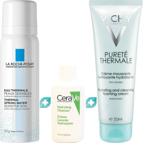 La Roche-Posay Комплект Подарък Eau Thermale 50ml & CeraVe Hydrating Cleanser 20ml & Vichy Purete Thermale Hydrating & Cleansing Foaming Cream 50ml