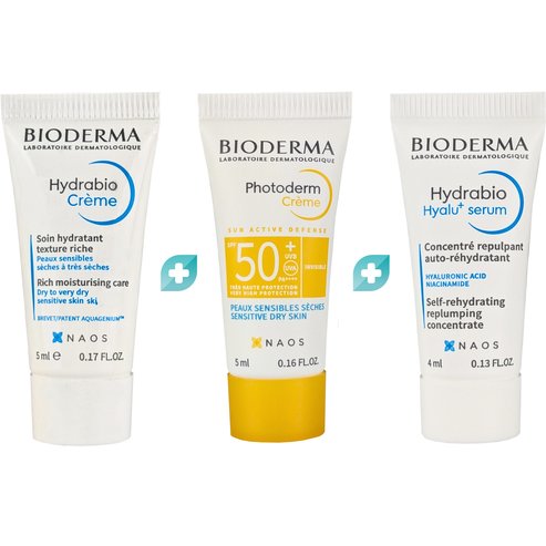 Bioderma Комплект Подарък Hydrabio Hyalu+ Serum Self-Rehydrating Replumping Concentrate 4ml & Photoderm Moisturizing Face Creme Spf50+ for Sensitive, Dry Skin 5ml & Hydrabio Creme Riche 5ml