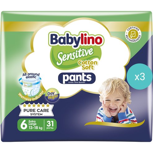 Babylino Комплект Sensitive Pants Cotton Soft Unisex No6 Extra Large (13-18kg) 93 бр (3x31 бр)