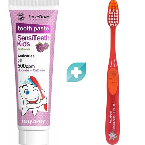Frezyderm Комплект SensiTeeth Kids Tooth Paste 500ppm Fluoride + Calcium Crazy Berry 50ml & Soft Kids Toothbrush 1 бр - портокал