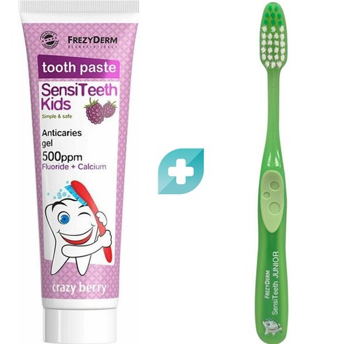 Frezyderm Комплект SensiTeeth Kids Tooth Paste 500ppm Fluoride + Calcium Crazy Berry 50ml & Soft Kids Toothbrush 1 бр - Зелено