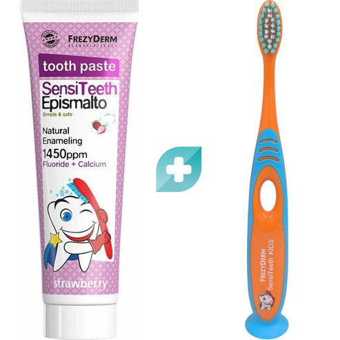 Frezyderm Комплект SensiTeeth Epismalto Tooth Paste 1.450ppm 50ml & Soft Kids Toothbrush 1 бр - портокал / светло синя