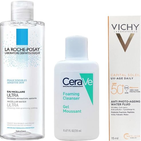 La Roche Posay Комплект Подарък Eau Miceallaire Ultra 50ml & CeraVe Foaming Cleanser Gel 20ml & Vichy Capital Soleil UV-Age Daily Anti Photo-Ageing Water Fluid Spf50+, 15ml