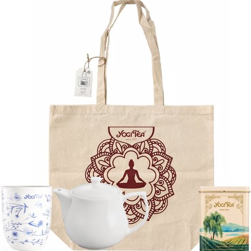 Yogi Tea Комплект Подарък Ceramic Mug 1 бр & Бял порцеланов чайник 450 мл, 1 брой и метална кутия за пътуване 1 брой или платнена торбичка 1 брой при произволна селекция от подаръци
