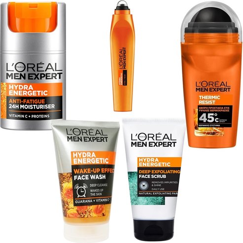 Комплект L\'Oreal Paris Men Expert Hydra Energetic Anti Tiredness 24H Moisturiser 50ml & Wake-Up Effect Face Wash 100ml & Face Scrub 100ml & Eye Roll on 10ml & Thermic Resist 48H Roll-on Deo 50ml