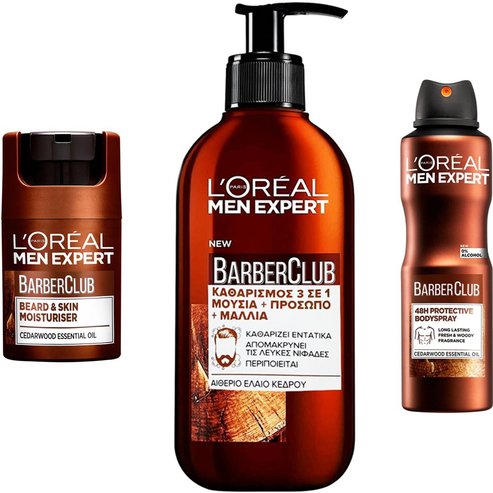 Комплект L\'Oreal Paris Men Expert Barber Club Beard & Skin Moisturiser 50ml & Face & Hair Wash Gel 200ml & 48h Protective Body Spray 150ml