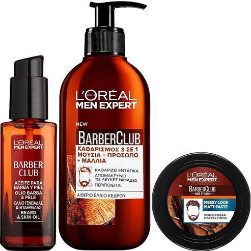 Комплект L\'Oreal Paris Men Expert BarberClub Beard & Skin Oil 30ml & Face & Hair Wash Gel 200ml & Messy Hair Molding Clay 75ml