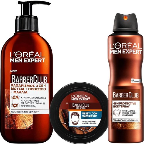 Комплект L\'Oreal Paris Men Expert Barber Club Beard, Face & Hair Wash Gel 200ml & Messy Hair Molding Clay 75ml & 48h Protective Body Spray 150ml