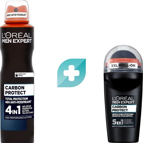 Комплект L\'Oreal Paris Men Expert Carbon Protect Spray 150ml & 5 in 1 Total Protection 48H Roll-On Deo 50ml