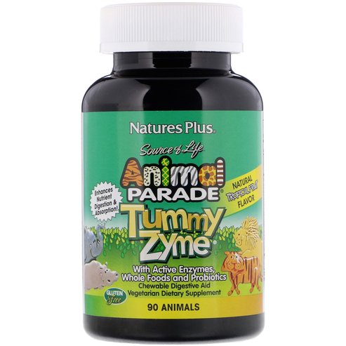 Natures Plus Animal Parade Tummy Zyme Хранителна добавка с ензими, пробиотици и хранене 90 Дъвчащи животни