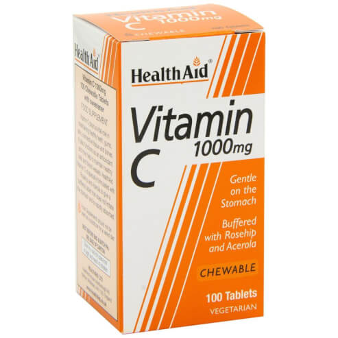 Health Aid Vitamin C 1000mg with Rosehip and Aцерола Дъвчащи таблетки с  Витамин C с антиоксидантно действие100  вега таблетки