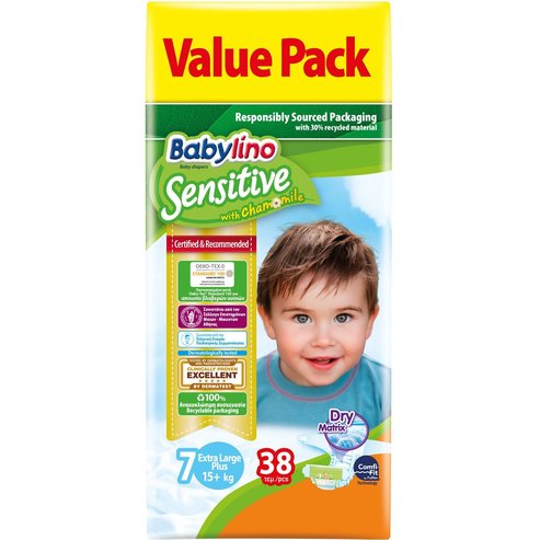 Babylino Sensitive Value Pack Extra Large Plus Νο7 (15+ kg) Безплатни бебешки пелени 38 бр
