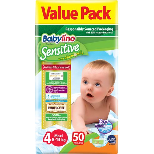 Babylino Sensitive Value Pack Maxi Νο4 (7-18kg) Бебешки пелени 50 броя