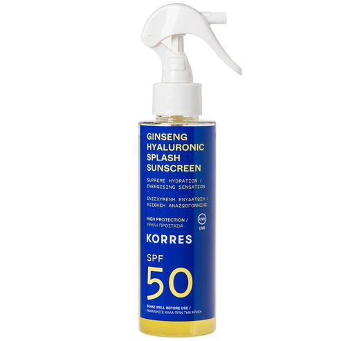 Korres Ginseng Hyaluronic Splash Sunscreen Spray Spf50 Слънцезащитен крем Water Подобрена текстура за лице с хиалуронова киселин