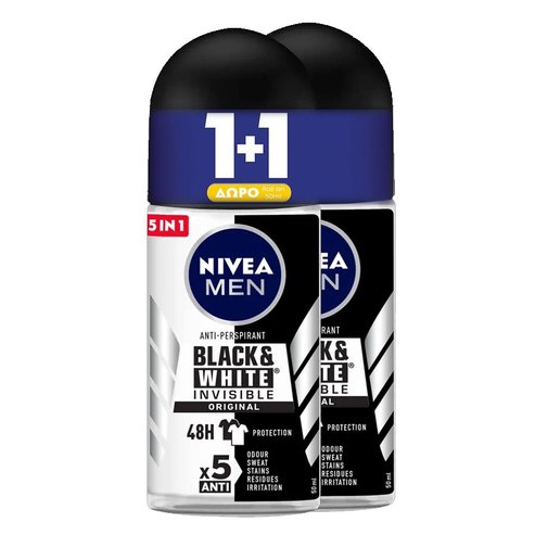 Nivea Men Deo Black + White Power Invisible Roll-On Мъжки дезодорант срещу бели петна 2x50ml 1+1 GIFT