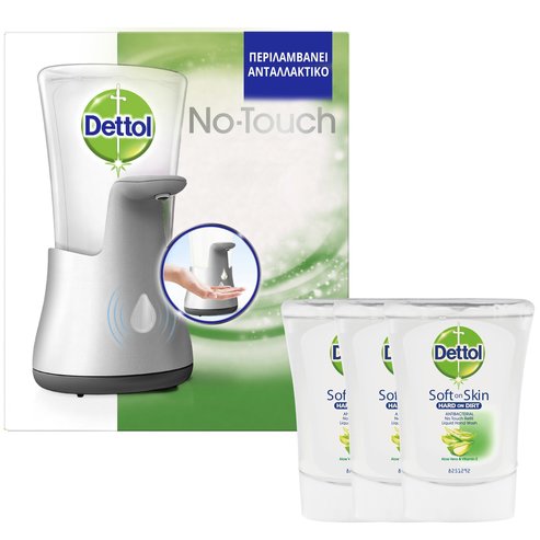 Dettol Комплект No-Touch Автоматично устройство за крем сапун и заместител на пълнител без докосване Алое вера и витамин Е 3x250ml