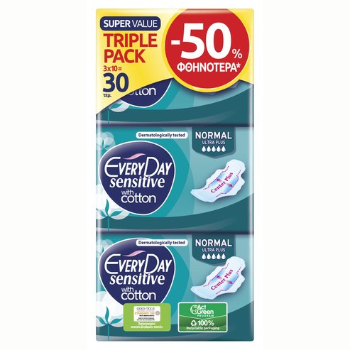 Every Day PROMO PACK Sensitive With Cotton Normal Ultra Plus Super Value Triple Pack Салфетки с памук 3х10 бр