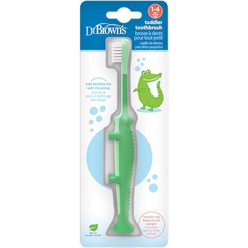 Dr Brown\'s Toddler 1-4 Years Toothbrush Бебешка четка за зъби с меки влакна за чувствителни венци и основа с вендуза 1 брой - Зелен динозавър