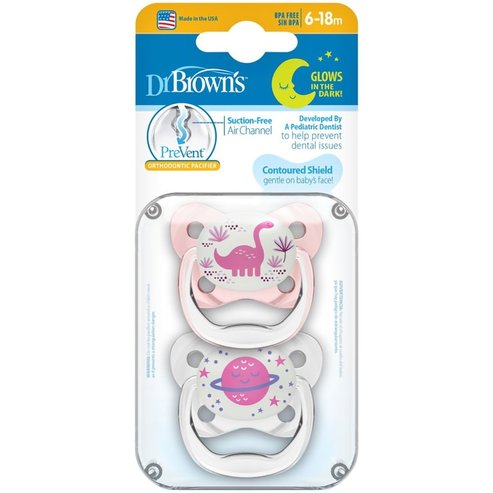 Dr. Brown’s PreVent Glow in the Dark Orthodontic Silicone Soother 6-18m, 2 Парчета - Розово / Прозрачно