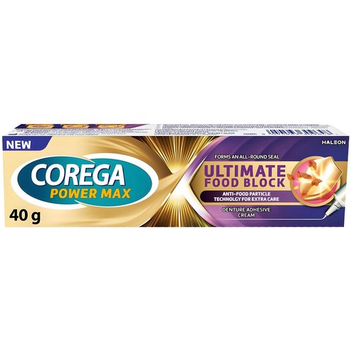 Corega Power Max Ultimate Food Block Cream Фиксиращ крем за зъбни протези, който помага за предотвратяване на задържането на остатъци от храна под тях 40g