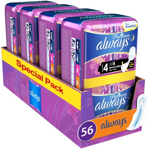 Always Promo Multi-Pack Platinum Sanitary Towels with Comfort Lock Wings Size 4, 56 бр