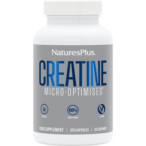 Natures Plus Creatine Micro-Optimized Хранителна добавка с креатин монохидрат с високо качество & чистота за подпомагане на мускулната сила & издръжливост, енергия & умствена яснота 120caps