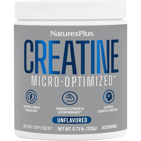 Natures Plus Creatine Micro-Optimized Хранителна добавка с висококачествен & чист креатин монохидрат за повишаване на мускулната сила & издръжливост, енергия & умствена яснота без вкус 330g