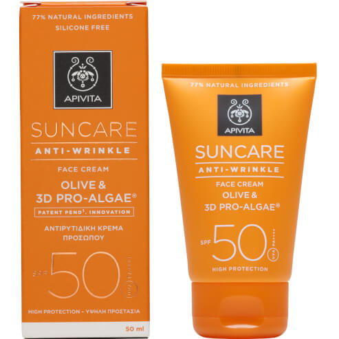 Apivita Suncare Слънцезащитен крем против бръчки SPF50 против бръчки с маслина и 3D Pro - Alage, 50ml