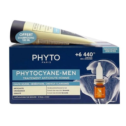 Phyto PROMO PACK Phytocyane Anti-Hair Loss Treatment for Men 12x3,5ml & Подарък Phytocyane Men Invigorating Shampoo Anti-Hair Loss 100ml
