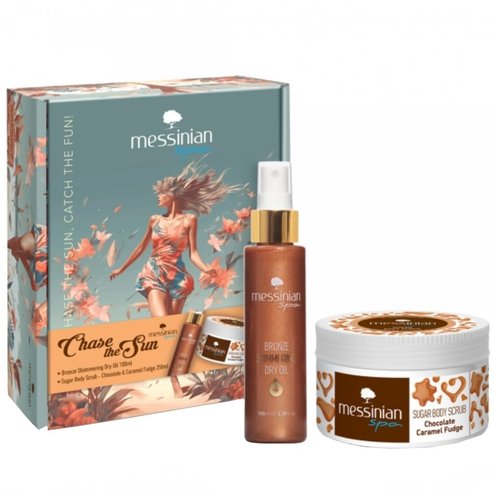 Messinian Spa Promo Bronze Shimmering Body Dry Oil 100ml & Chocolate & Caramel Fudge Sugar Body Scrub 250ml