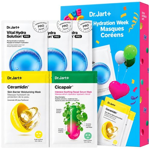 Dr.Jart+ Promo Vital Hydra Solution Dermask Pro 3 броя, Ceramidin Skin Barrier Moisturuzing Mask for Dry Skin 2 броя, & Cicapair Intensive Soothing Repair Serum Mask 2 броя