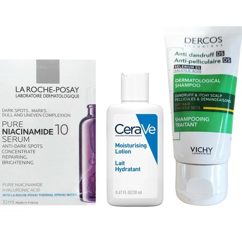 La Roche-Posay Подаръчен комплект Niacinamide 10 Serum 10ml, CeraVe Moisturising Lotion 20ml & Dercos Dermatological Shampoo 50ml