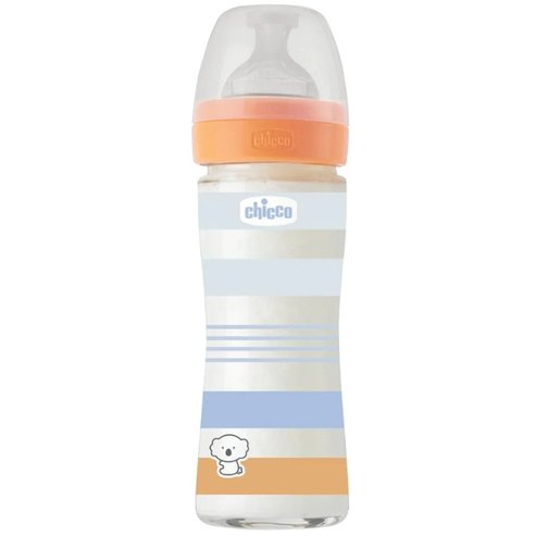Chicco Well-Being Boy Стъклена бебешка бутилка със зърно с бавен поток оранжево - синьо 0m+, 240ml