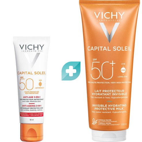 ​​​​​​​Vichy комплект Capital Soleil Spf50 Anti-Age Antioxidant Protective Care 3 in 1, 50ml & Vichy Capital Soleil Invisible Hydrating Protective Milk Spf50+, 300ml 