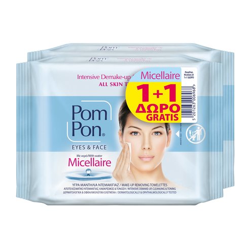 Pom Pon PROMO PACK Face & Eyes Wipes Intensive Demake-up & Cleansing with Micellaire Water, All Skin Types 2x20 Парчета