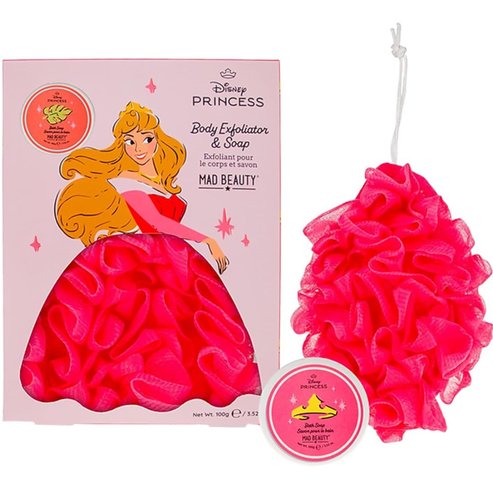 Mad Beauty Promo Disney Princess Body Exfoliator & Raspberry & Honeydew Soap Ексфолираща гъба за тяло & хидратиращ сапун, вдъхновен от Aurora, с аромат на малина & мед 100g