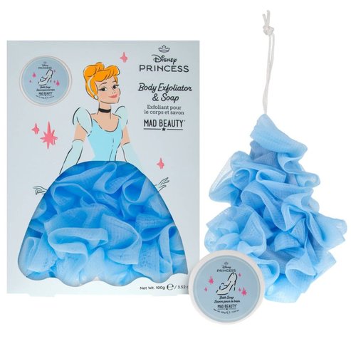 Mad Beauty Promo Disney Princess Body Exfoliator & Tuberose & Jasmine Bath Soap Ексфолираща гъба за тяло & хидратиращ сапун, вдъхновен от Cinderella, с аромат на тубероза & жасмин 100g