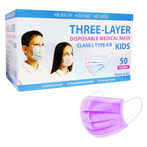 Kid\'s Three Layer Disposable Purple Medical Mask, Class I, Type IIR, 5х10 бр