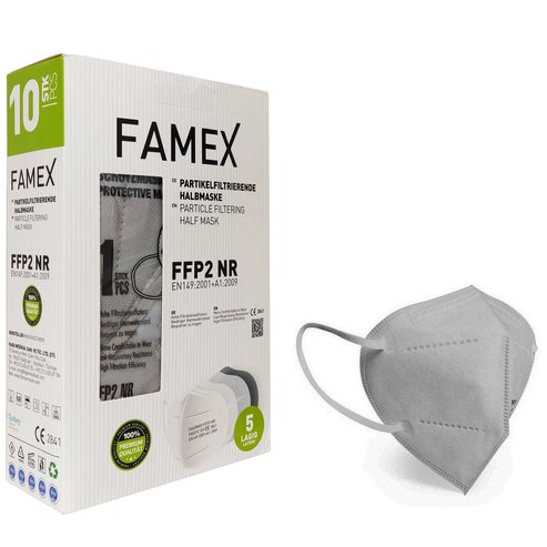 Famex FFP2 NR Маска за лице за еднократна употреба 5 нива на защита, с метален лист, в сив цвят 10 броя