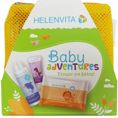 Helenvita Promo Baby Adventures με Baby All Over Cleanser 100ml & Baby Nappy Rash Cream 20ml & Baby Wipes 20 бр & Тоалетна чанта - портокал