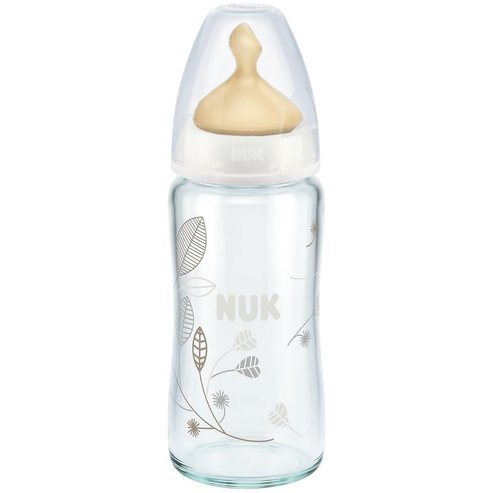 Nuk First Choice Plus 0-6m Glass Bottle Latex Medium Teat 240ml - Бяло