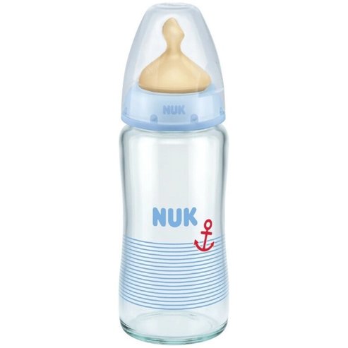 Nuk First Choice Plus 0-6m Glass Bottle Latex Medium Teat 240ml - Син
