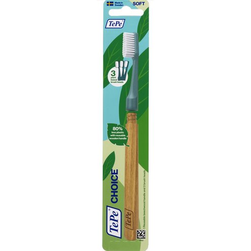 Tepe Choice Soft Toothbrush with Reusable Wooden Handle & Plant Based Brush Heads 1 брой - зелено