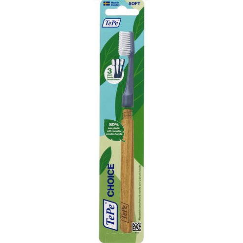 Tepe Choice Soft Toothbrush with Reusable Wooden Handle & Plant Based Brush Heads 1 брой - синьо