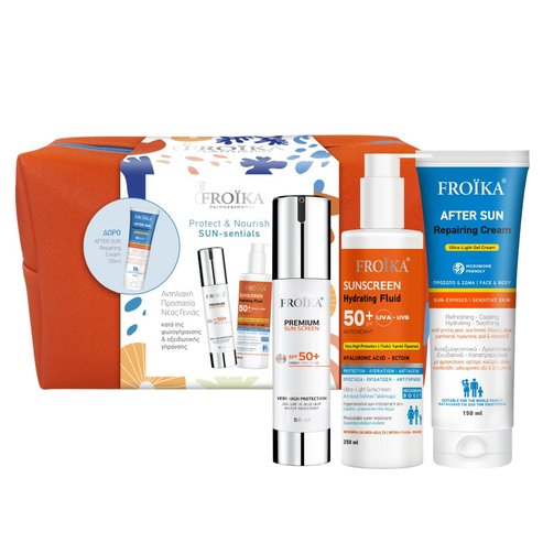 Froika Promo Premium Sun Screen Spft50+, 50ml & Sunscreen Hydrating Fluid Spf50+, 250ml & Подарък After Sun Repairing Cream 150ml & Подарък портокал торбичка 1 бр