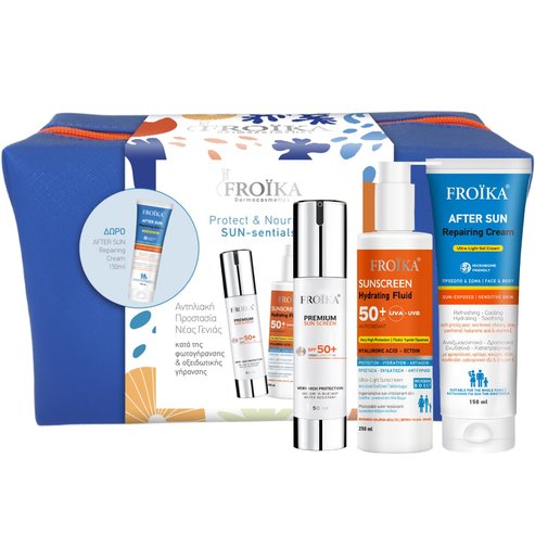 Froika Promo Premium Sun Screen Spft50+, 50ml & Sunscreen Hydrating Fluid Spf50+, 250ml & Подарък After Sun Repairing Cream 150ml & Подарък Синьо торбичка 1 бр