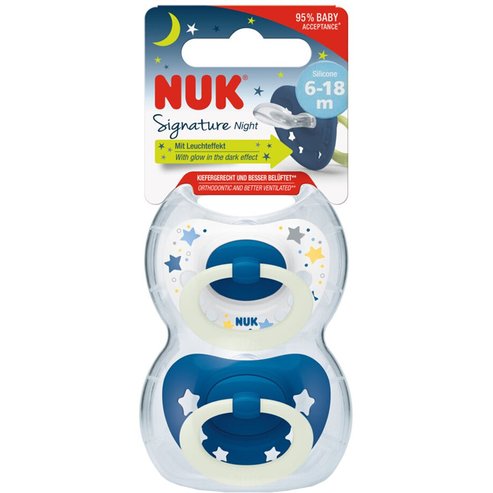 Nuk Signature Night Silicone Soother 6-18m, 2 бр - Синьо